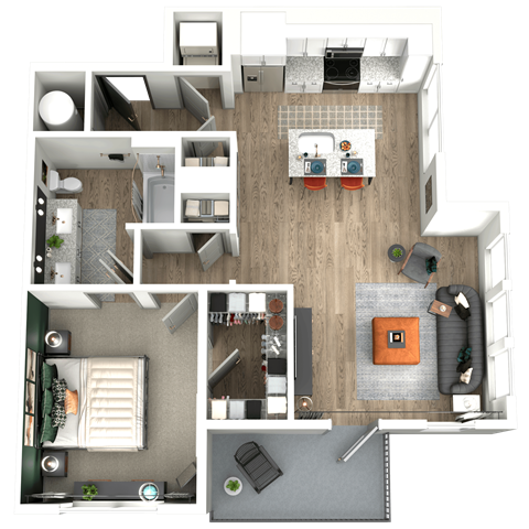 a 3d rendering of a floor plan with a bedroom and a living room